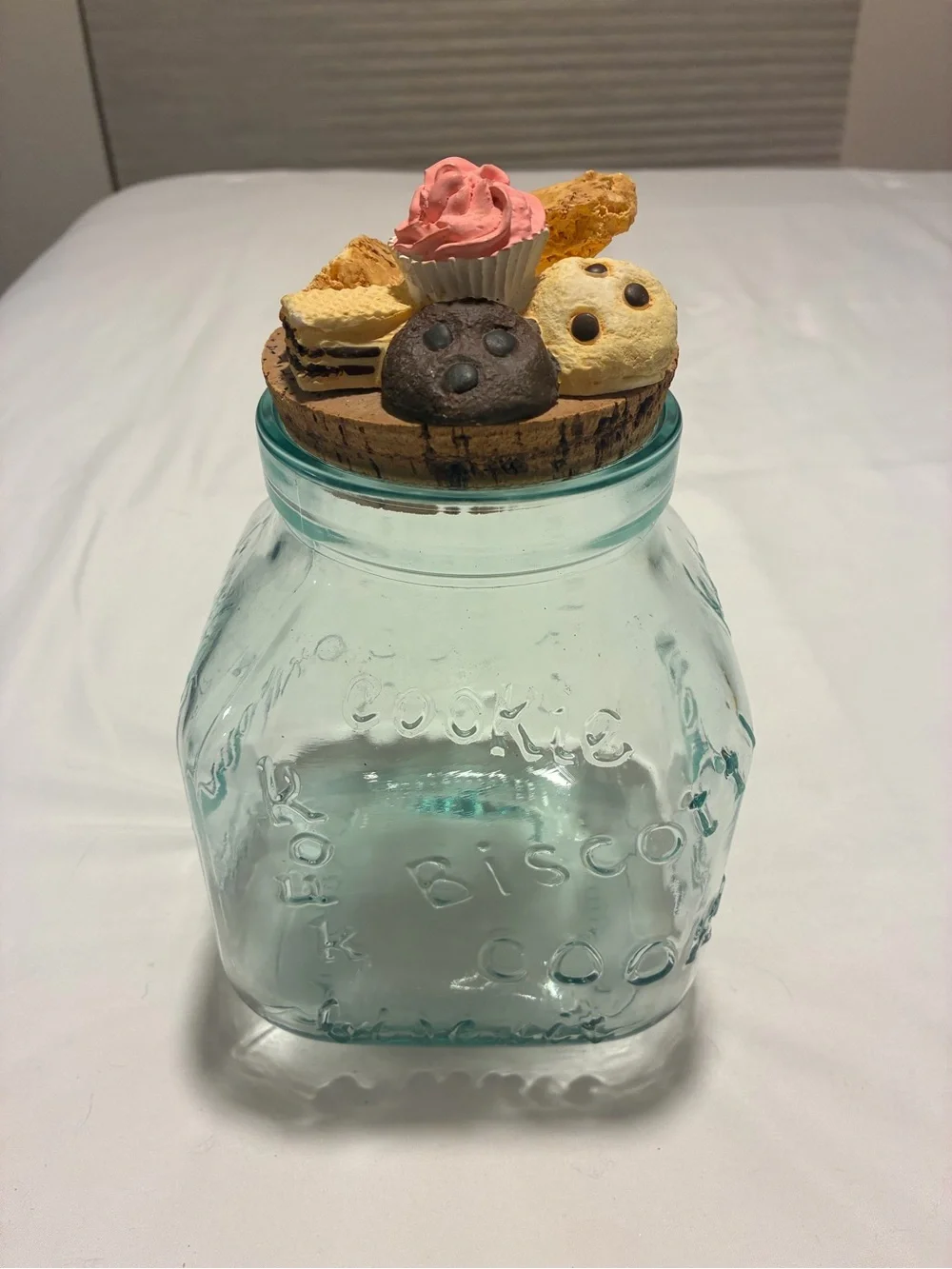 Light blue Glass Cookie Jar with cookie accent Lid - Pink & Neutral Decorative